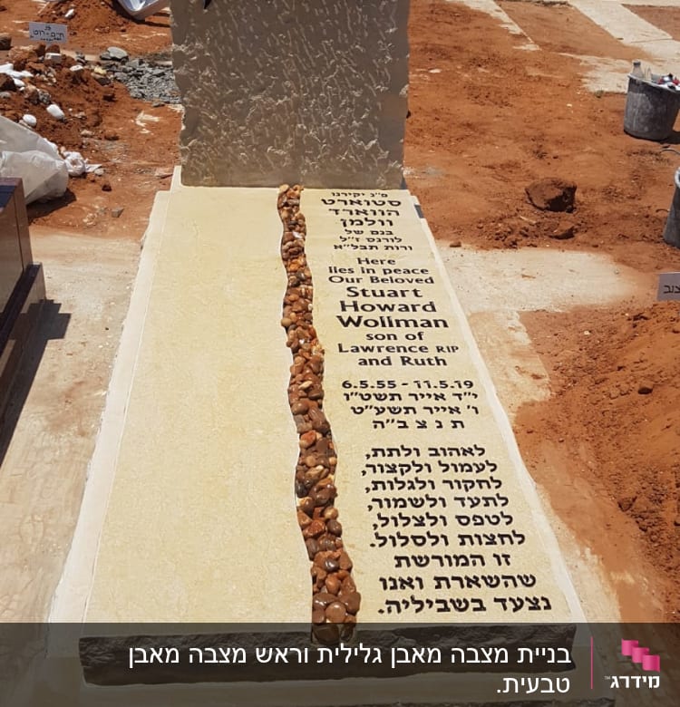 מצבה עם כיתוב בעברית ואנגלית, אבנים קטנות במרכז